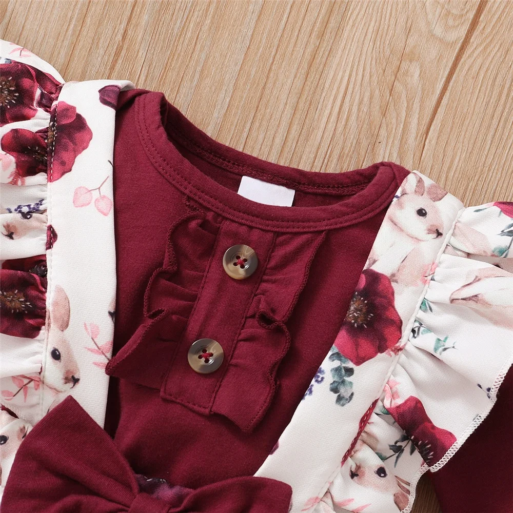 0-18Months Baby Girl Clothes Set Red Color Long Sleevs Bodysuit + Flower Strap Pants 2PCS Infant Girl Clothing Suit 3 0-18Months Baby Girl Clothes Set Red Color Long Sleevs Bodysuit + Flower Strap Pants 2PCS Infant Girl Clothing Suit - Image 3