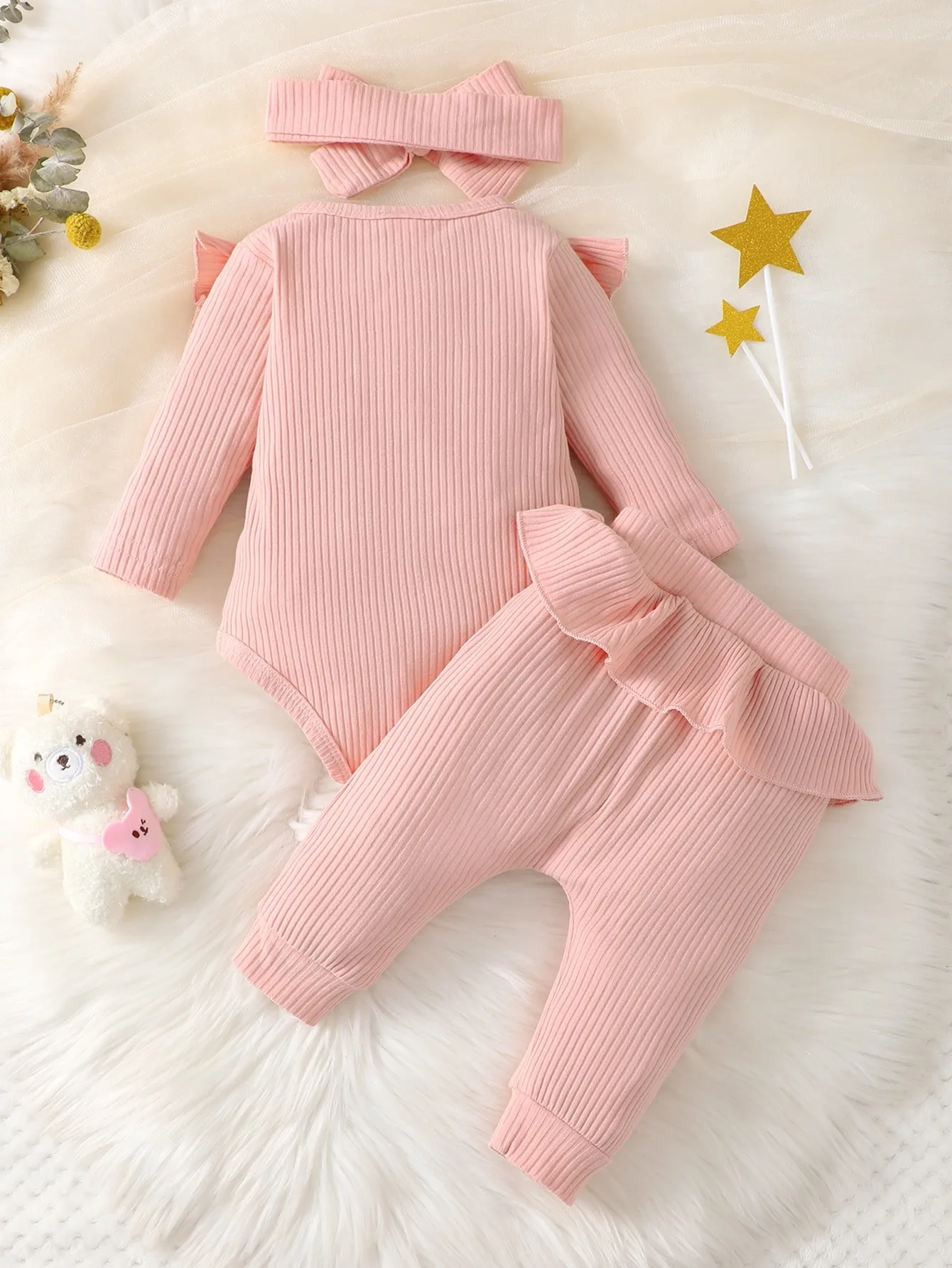 Spring And Autumn Baby Girl Ruffle Trim Bodysuit & Pants & Headband 3 Spring And Autumn Baby Girl Ruffle Trim Bodysuit & Pants & Headband - Image 2