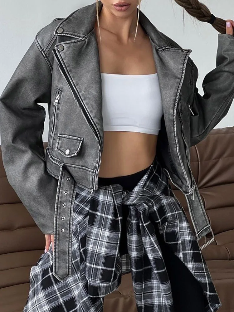 Women Retro Loose Zipper Pu Faux Leather Short Jacket Vintage Female Belt Moto Biker Chic Coat Outwear Tops 9 Women Retro Loose Zipper Pu Faux Leather Short Jacket Vintage Female Belt Moto Biker Chic Coat Outwear Tops - Image 6