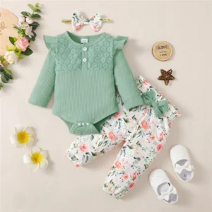 3PCS Baby Girl Clothes Set Long Sleeve Romper Top+Flowers Pant+Headband Spring;Autumn Lovely Outfit for Toddler Girl 0-18 Months