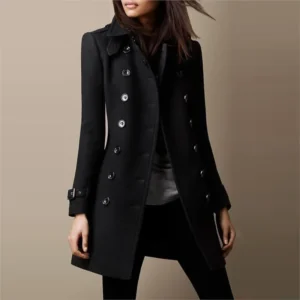 Women's Double-Breasted Long-Sleeve Winter Coat with Turn-Down Collar