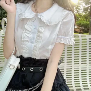 Deeptown Kawaii Lolita Blouses White Women Cute Lace Tops Ruffle Shirts Vintage Puff Sleeve Japanese Preppy Style Sweet Tops