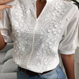 Summer Floral Embroidery Lace Blouse Fashion Women V Neck Casual Shirt Chic Short Sleeve Hollow Out Tops Elegant Blusas