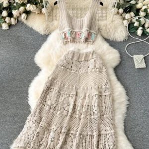 Bohemian Vintage Knit Suits Tank Tassels Crop Tops+Loose Hooked Hollow Out Skirt Fashion Women Summer Chic Beach Sets