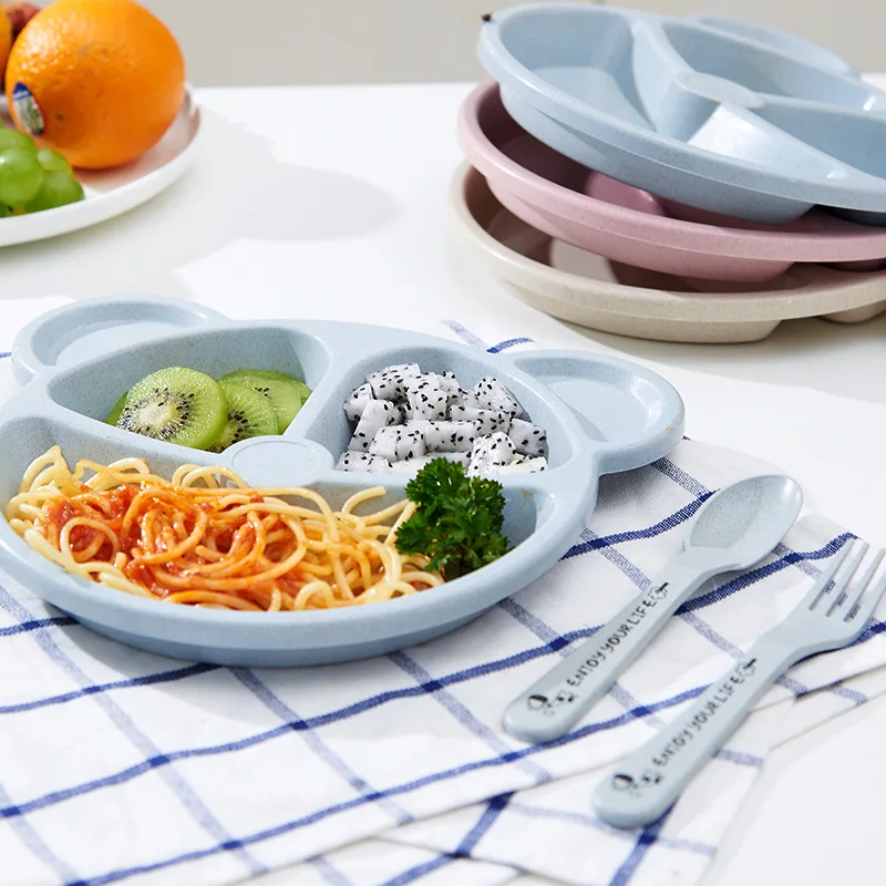 3-Piece Cute Divided Dining Plate for Children's Bowls Solid Color Fork Spoon Sucking Tableware Set with Wheat Material 15 3-Piece Cute Divided Dining Plate for Children's Bowls Solid Color Fork Spoon Sucking Tableware Set with Wheat Material - Image 2