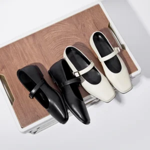 Snap Ballet Shoes Women Square Toe Flat Cowhide Ladies Shoes