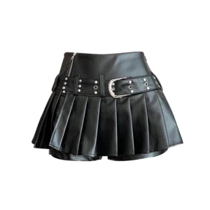 Women's Black Gothic A-line Pleated Leather Skirt Mini Shorts Skirts