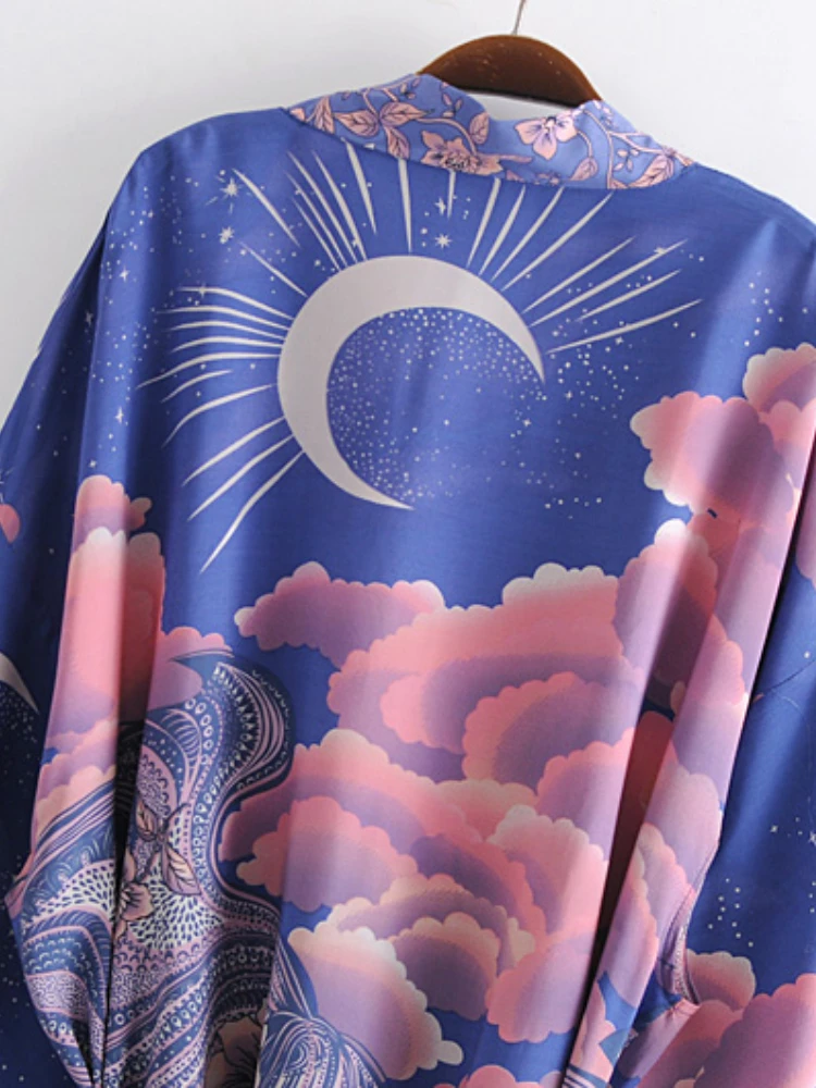 Boho Vintage Star and Moon Floral Print Sashes Women Bohemian V Neck Batwing Sleeves Happie Short Robe Kimono Dress Cover-ups 23 Boho Vintage Star and Moon Floral Print Sashes Women Bohemian V Neck Batwing Sleeves Happie Short Robe Kimono Dress Cover-ups - Image 4