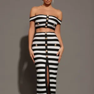 Women Summer Off Shoulder Striped Button Two Piece Mini Bandage Set Celebrity Designer Evening Party Women's Set