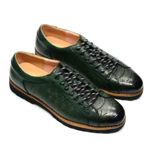 Men Casual Derby Shoes Cow Genuine Leather Fashion Crocodile Pattern Lace-Up Green Non-slip Sneakers