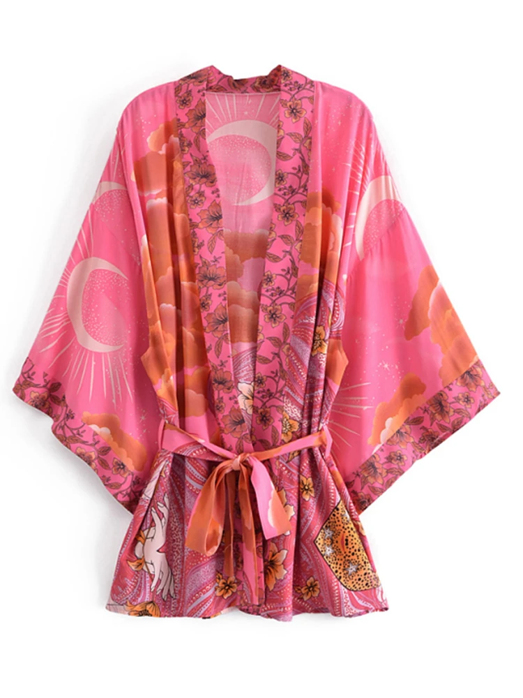 Boho Vintage Star and Moon Floral Print Sashes Women Bohemian V Neck Batwing Sleeves Happie Short Robe Kimono Dress Cover-ups 27 Boho Vintage Star and Moon Floral Print Sashes Women Bohemian V Neck Batwing Sleeves Happie Short Robe Kimono Dress Cover-ups - Image 8