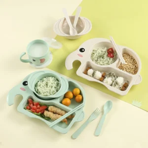 6PCS Children Baby Cutlery Set, Elephant Cartoon Plate, Children's Cutlery, Heat Training Cutlery, Bowl, Cup, Spoon, Fork
