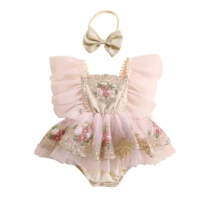 Newborn Infant Baby Girl Outfit, Embroidery Flower Fly Sleeve Romper with Bowknot Hairband Summer Clothes 0-24M