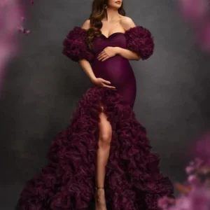 Luxury Dark Purple Mermaid Maternity Robes Off Shoulder Puffy Pregnancy Photo Dresses Customized Tiered Ruffles Babyshower Gowns