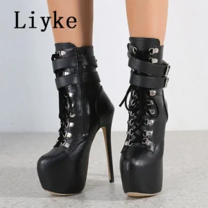 Platform Boots For Women Round Toe Buckle Strap Pole Dance High Heels Pumps Fashion Lace-Up Runway Shoe