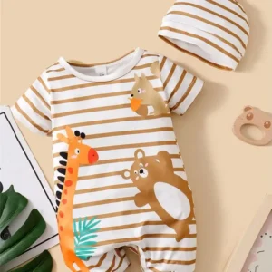 Baby Boy Cute Animals Romper Striped Short Sleeve Jumpsuit+Hat 2PCS Summer Clothes Suit for Toddler Boy 3-24Months