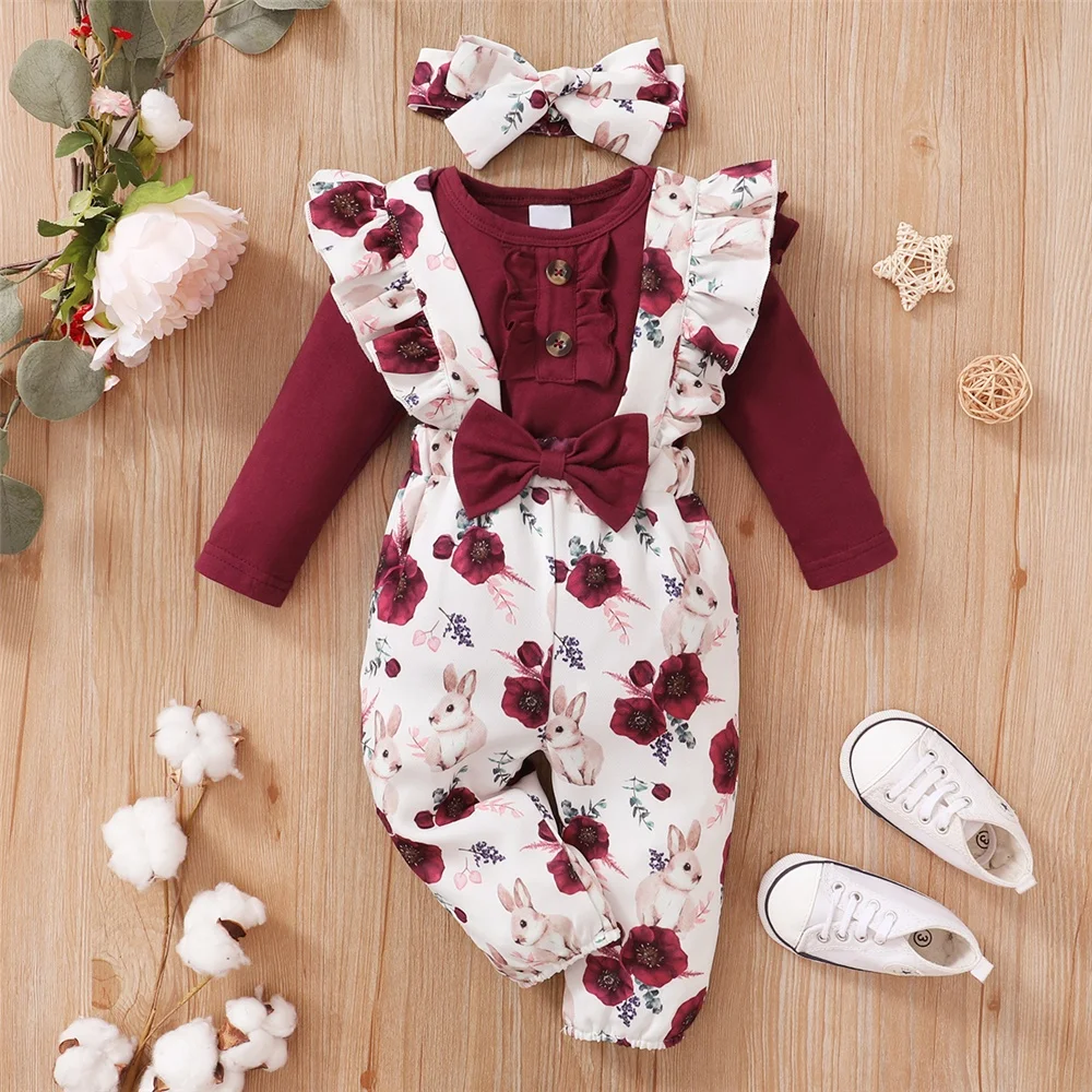 0-18Months Baby Girl Clothes Set Red Color Long Sleevs Bodysuit + Flower Strap Pants 2PCS Infant Girl Clothing Suit 2 0-18Months Baby Girl Clothes Set Red Color Long Sleevs Bodysuit + Flower Strap Pants 2PCS Infant Girl Clothing Suit - Image 2