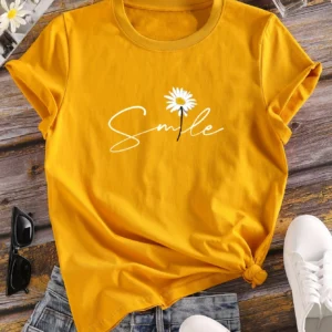 Flower & Letter Print Crew Neck T-Shirt, Casual Short Sleeve T-Shirt For Spring & Summer, Women's Clothing