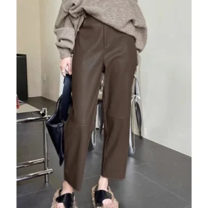 Autumn Winter High Waist Streetwear Fashion Vintage PU Leather Pants Women Loose Casual Straight Trousers