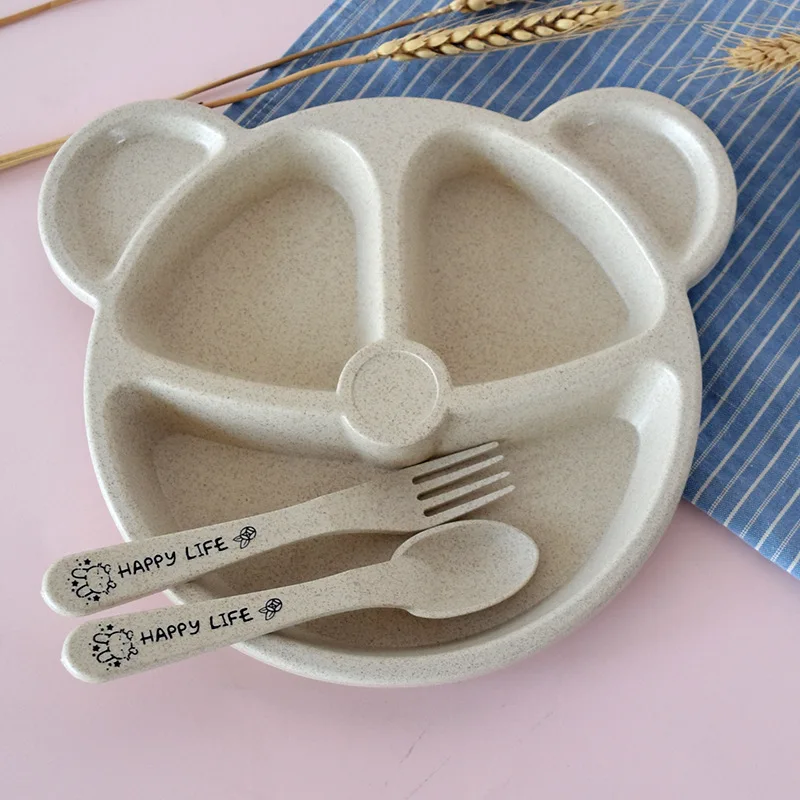 3-Piece Cute Divided Dining Plate for Children's Bowls Solid Color Fork Spoon Sucking Tableware Set with Wheat Material 20 3-Piece Cute Divided Dining Plate for Children's Bowls Solid Color Fork Spoon Sucking Tableware Set with Wheat Material - Image 7