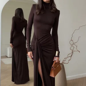 Turtleneck Thigh High Split Maxi Dress For Women Fashion Long Sleeve Draped Bandage Bodycon Club Long Dress