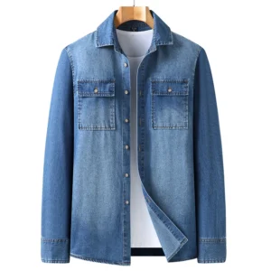 Cotton Denim Shirts Men Slim Fit Smart Casual Solid Color Long Sleeve Mens Jeans Shirt  Fashion Male Shirt Black & Blue