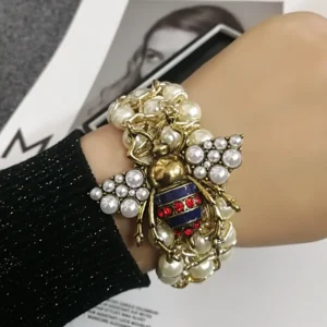 Handmade Elastic Simulated Pearl Bea Bracelet with Bee Charm Accent