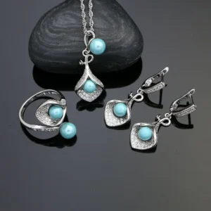 925 Silver Jewelry Sets For Women Party Accessories Blue Pearl Beads White Crystal Earrings Necklace Peandant Ring Set