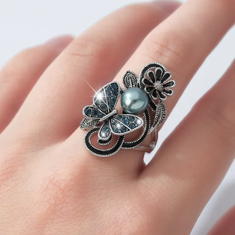 Women's Ink Blue Simulated Pearl Butterfly Crystal Ring for Wedding 7 Women's Ink Blue Simulated Pearl Butterfly Crystal Ring for Wedding - Image 2