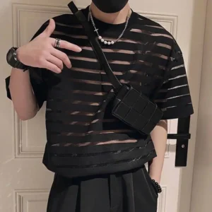 Men T Shirt Mesh Striped O-neck Short Sleeve Transparent Men Clothing Streetwear Tee Tops
