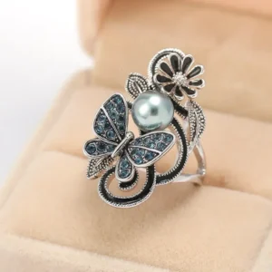 Women's Ink Blue Simulated Pearl Butterfly Crystal Ring for Wedding