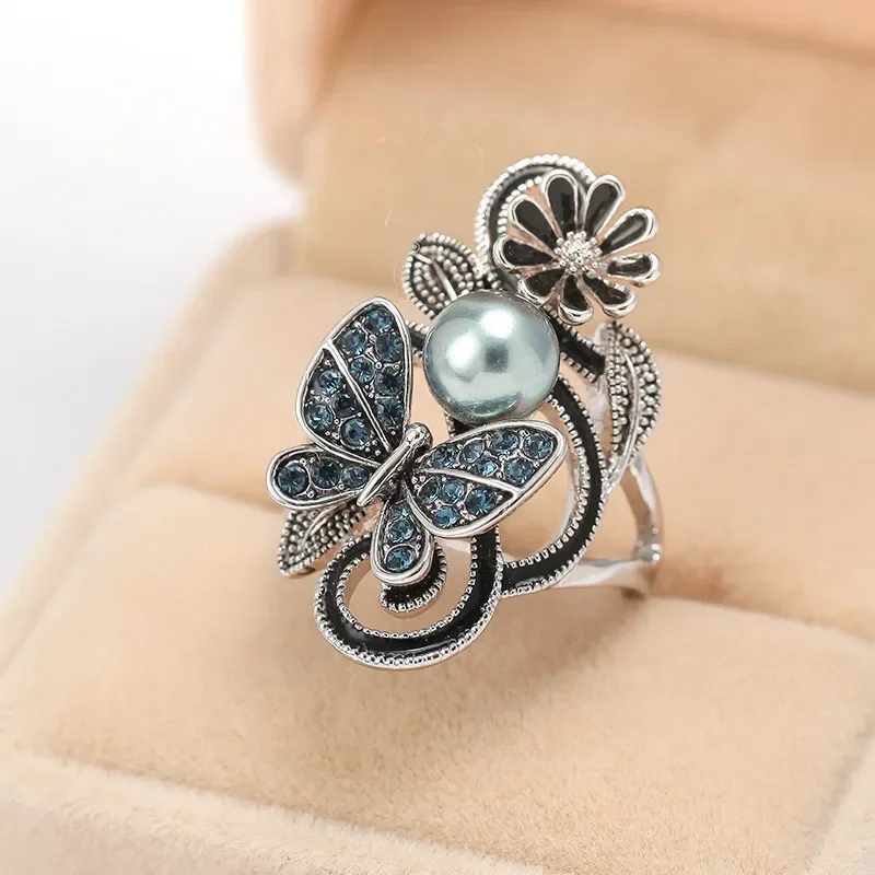 Women's Ink Blue Simulated Pearl Butterfly Crystal Ring for Wedding 6 Women's Ink Blue Simulated Pearl Butterfly Crystal Ring for Wedding