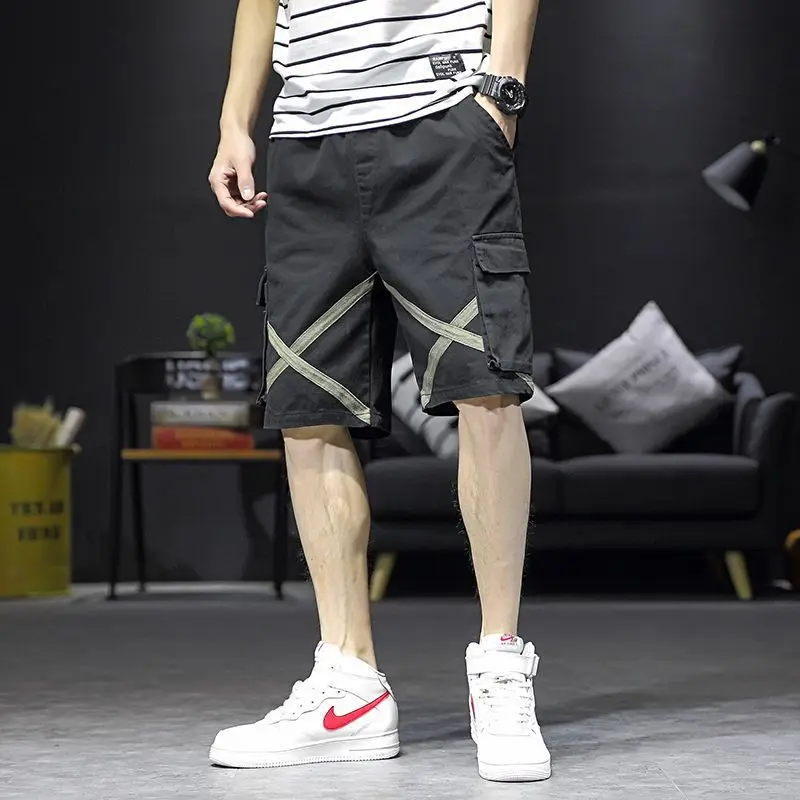 Fashion Loose Elastic Waist Spliced Pockets Bandage Cargo Shorts Men's Oversized All-match Casual Shorts 18 Fashion Loose Elastic Waist Spliced Pockets Bandage Cargo Shorts Men's Oversized All-match Casual Shorts - Image 5