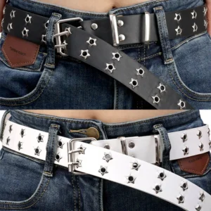Leather Belts for Women & Men Star PU Black White Waist Strap Double Row Hollow for Jeans Skirt Decor