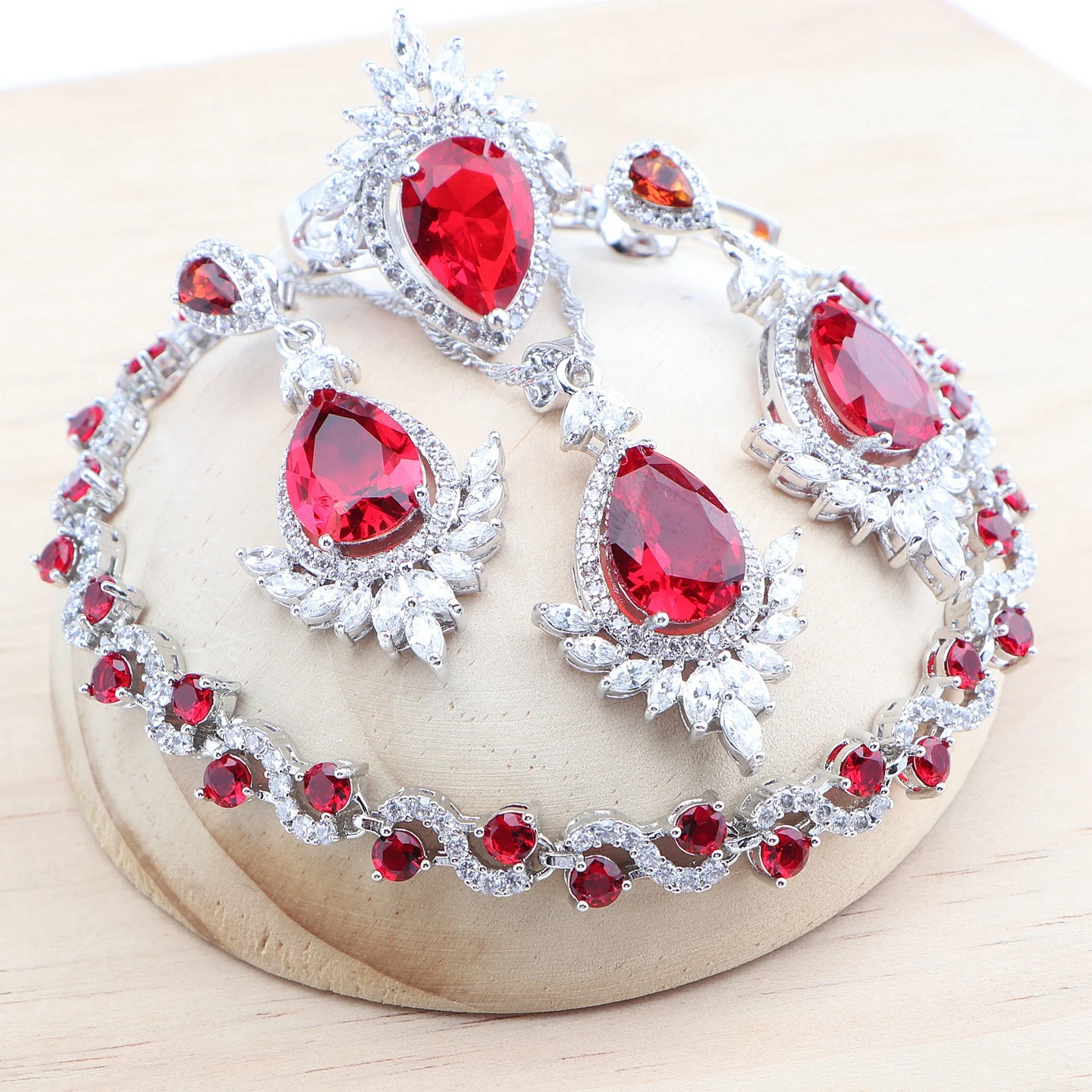 925 Silver Red Zircon Bridal Jewelry Sets Wedding Stones Bracelets Earrings Rings Pendant Necklace Set For Women 7 925 Silver Red Zircon Bridal Jewelry Sets Wedding Stones Bracelets Earrings Rings Pendant Necklace Set For Women