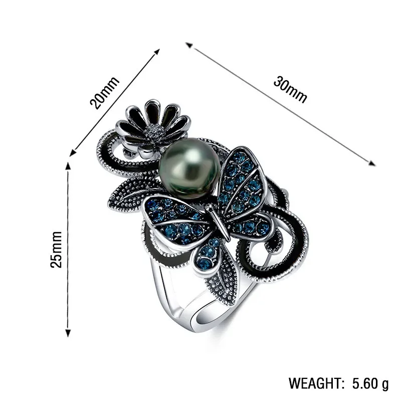Women's Ink Blue Simulated Pearl Butterfly Crystal Ring for Wedding 9 Women's Ink Blue Simulated Pearl Butterfly Crystal Ring for Wedding - Image 4