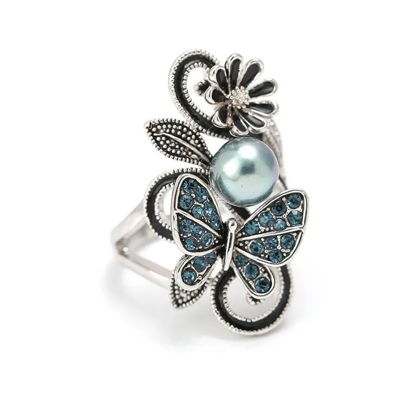 Women's Ink Blue Simulated Pearl Butterfly Crystal Ring for Wedding 8 Women's Ink Blue Simulated Pearl Butterfly Crystal Ring for Wedding - Image 3