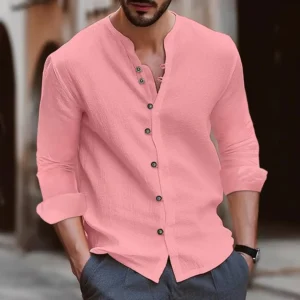 Men's cotton linen shirt loose comfortable casual linen young men stand collar solid color shirt