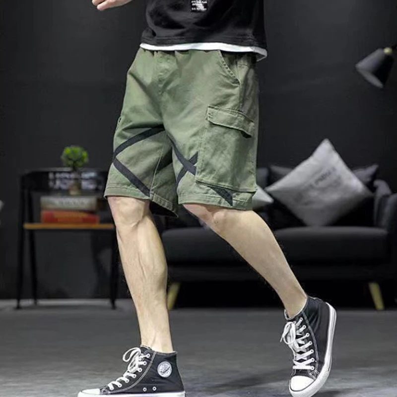 Fashion Loose Elastic Waist Spliced Pockets Bandage Cargo Shorts Men's Oversized All-match Casual Shorts 17 Fashion Loose Elastic Waist Spliced Pockets Bandage Cargo Shorts Men's Oversized All-match Casual Shorts - Image 4