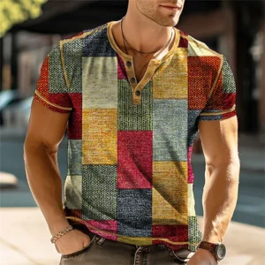 Patchwork Color Block 3D Print Vintage Henley Shirts Men's Fashion Oversized Button-Down Short Sleeve T Shirt Tees Tops Clothing