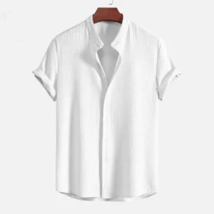 Summer Fashion Men's Shirts Loose Casual Trend Solid Stripe Jacquard Tops Stand Cardigan Short Sleeve Shirt For Male Clothing