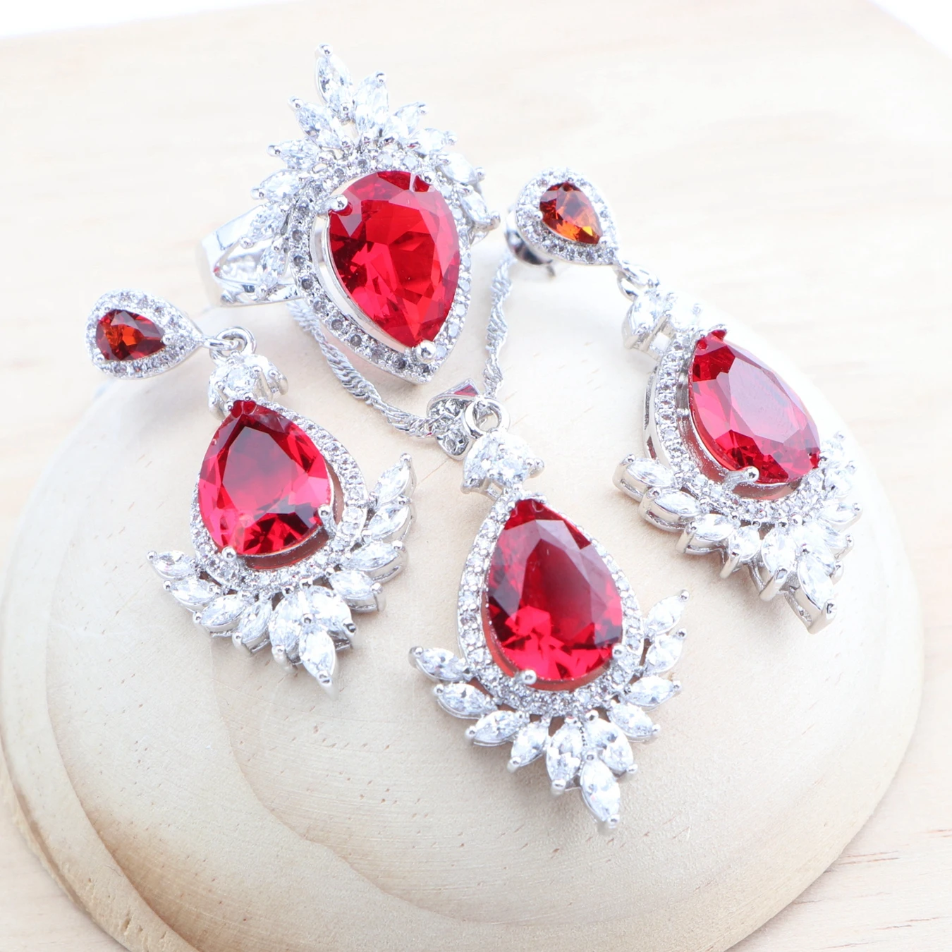 925 Silver Red Zircon Bridal Jewelry Sets Wedding Stones Bracelets Earrings Rings Pendant Necklace Set For Women 8 925 Silver Red Zircon Bridal Jewelry Sets Wedding Stones Bracelets Earrings Rings Pendant Necklace Set For Women - Image 2