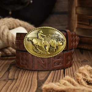 Western Cowboy PU Leather Belt - Men Waist Strap Bull Decoration Floral Engraved for Jeans