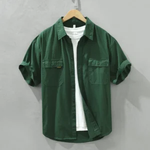 Retro Men Short Sleeve Cargo Shirt Double Pockets Cotton Uniform Light Casual Work Safari Style Shirts Mens Tops Shirt