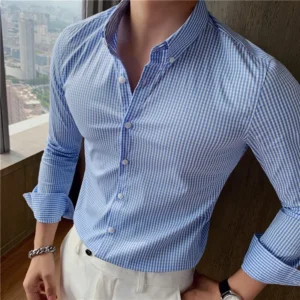 Men's Slim-Fit Long-Sleeve Plaid Casual Dress Shirt