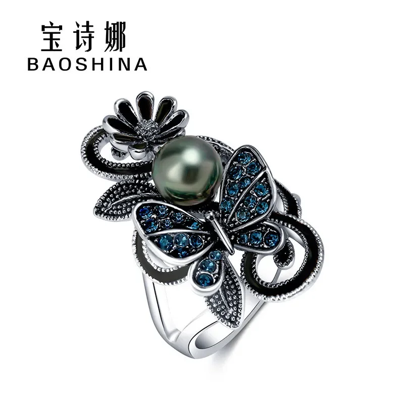 Women's Ink Blue Simulated Pearl Butterfly Crystal Ring for Wedding 10 Women's Ink Blue Simulated Pearl Butterfly Crystal Ring for Wedding - Image 5