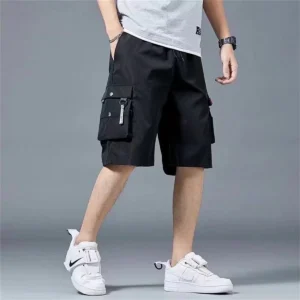 Black Hip Hop Cargo Shorts for Men's Summer Wide Leg Casual Shorts High Waist Pants for Men