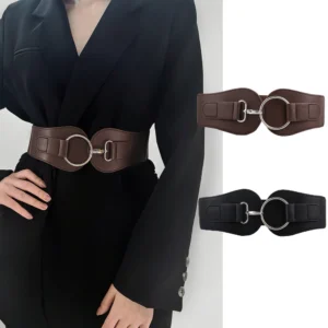 Women's Wide Elastic Waist Cinch Belt with Geometric Buckle