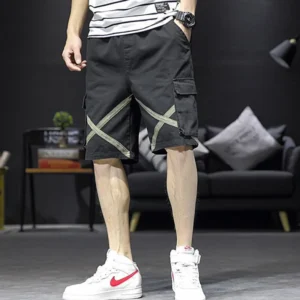 Fashion Loose Elastic Waist Spliced Pockets Bandage Cargo Shorts Men's Oversized All-match Casual Shorts
