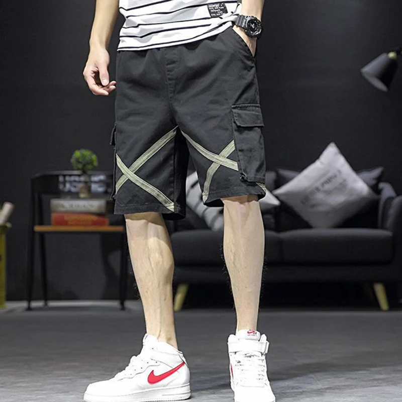 Fashion Loose Elastic Waist Spliced Pockets Bandage Cargo Shorts Men's Oversized All-match Casual Shorts 14 Fashion Loose Elastic Waist Spliced Pockets Bandage Cargo Shorts Men's Oversized All-match Casual Shorts